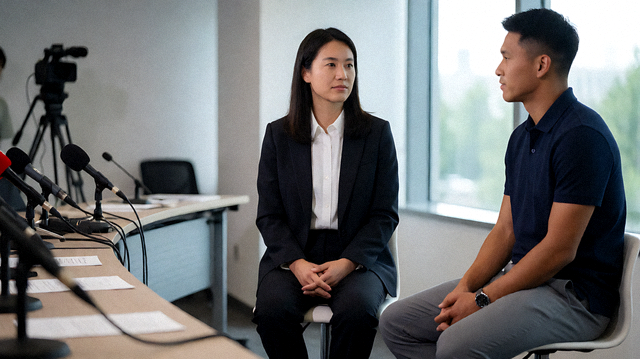 体育新闻发布现场记者采访球队转会动态的画面