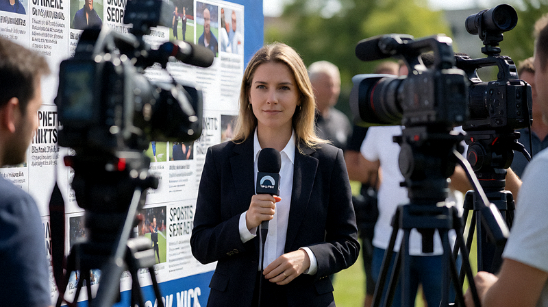 体育新闻发布现场记者与摄影设备