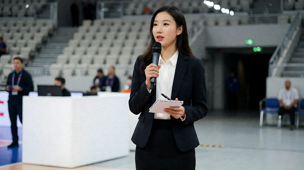 体育新闻发布现场，记者在赛事场馆内进行采访记录